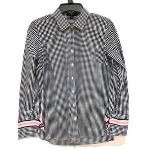 Pearly Vine Shirt Women’s Small Navy Blue Pink Gingham Plaid Ribbon Boutique EUC